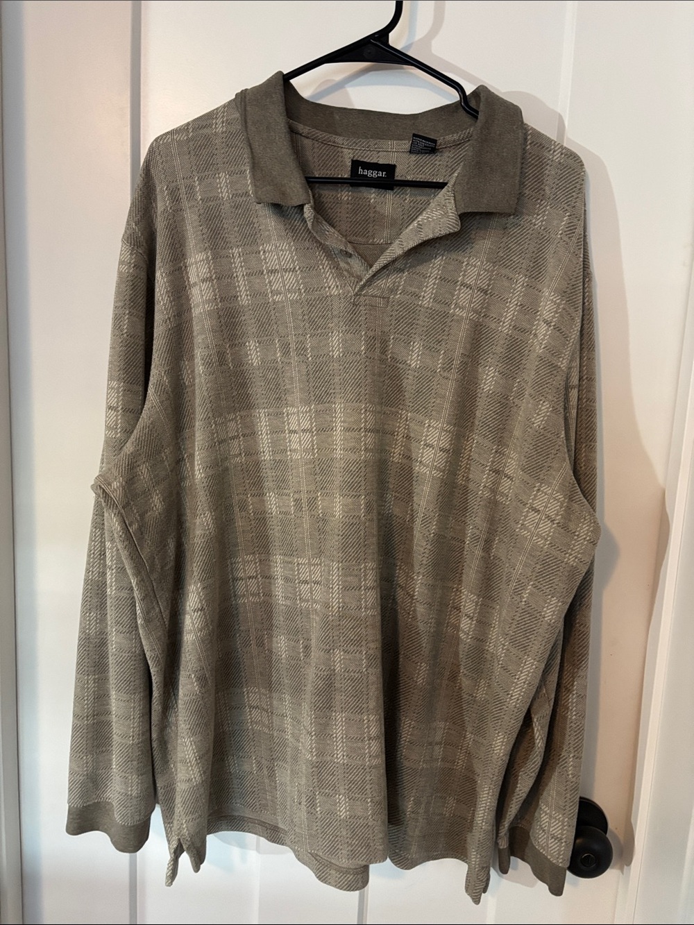 Haggar Tan/Olive Plaid Long Sleeve Polo